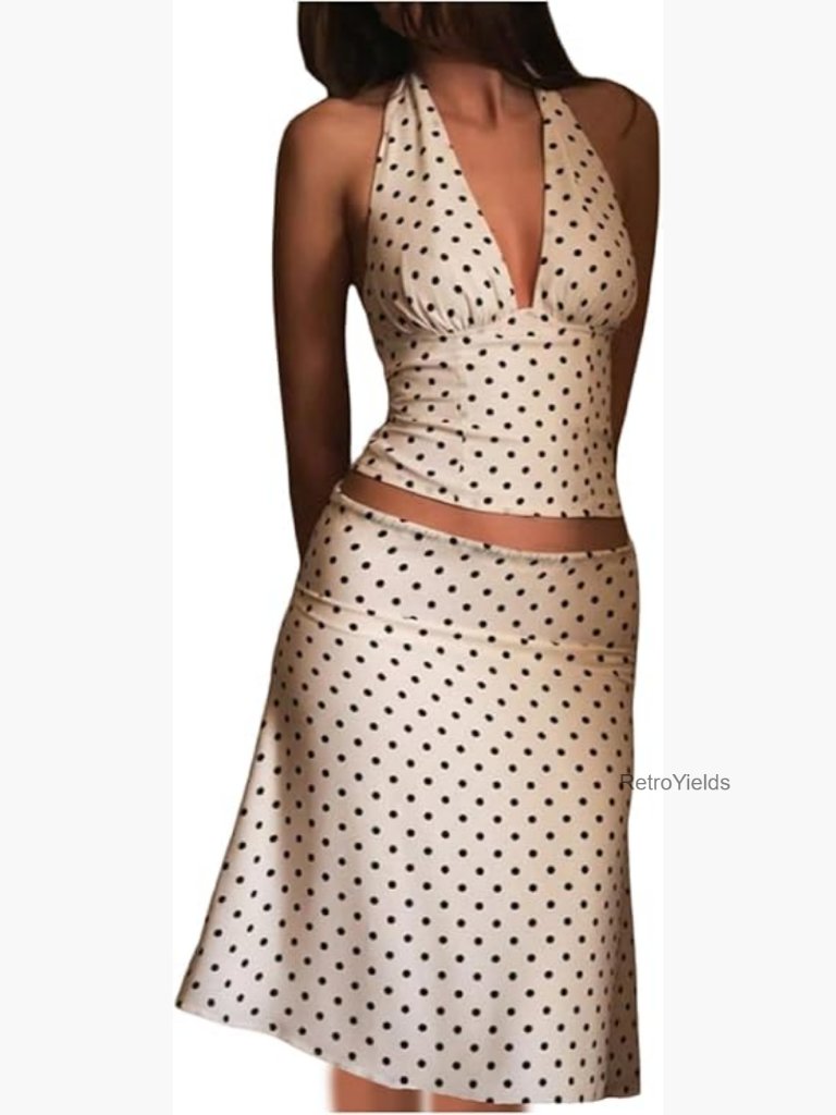 Polka Dots Two Piece Set Deep V Neck Halter Crop Top Midi Skirt Matching Set